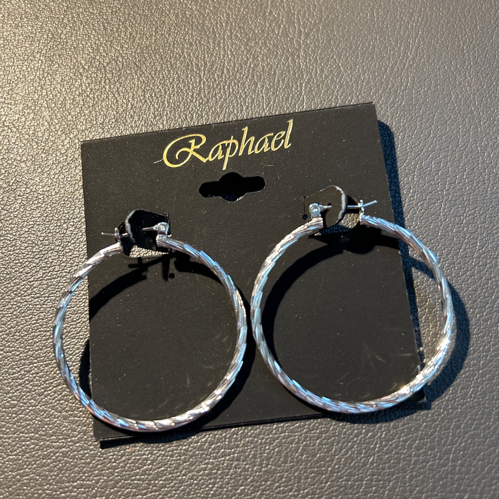 Raphael Silvertone Hoop Earrings New On Card